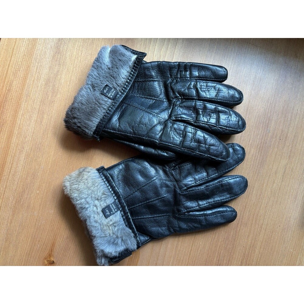 Leather Gloves Black Rabbit Fur Lined Women Large *Read